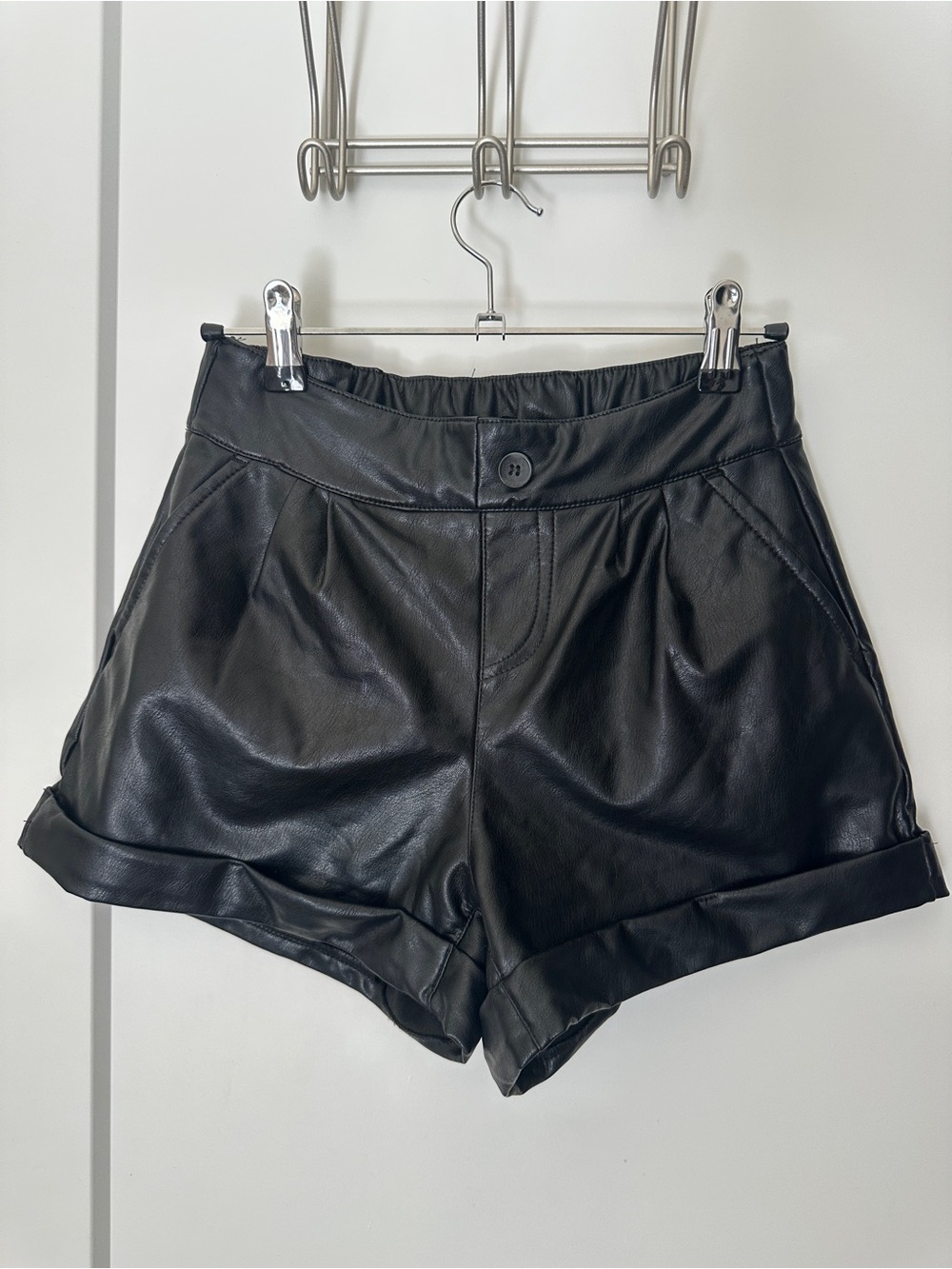 Sincerely Jules Black Faux Leather Mid-Rise Rolled-Hem Shorts